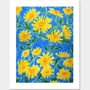 Yellow flowers on a blue background Posters and Art